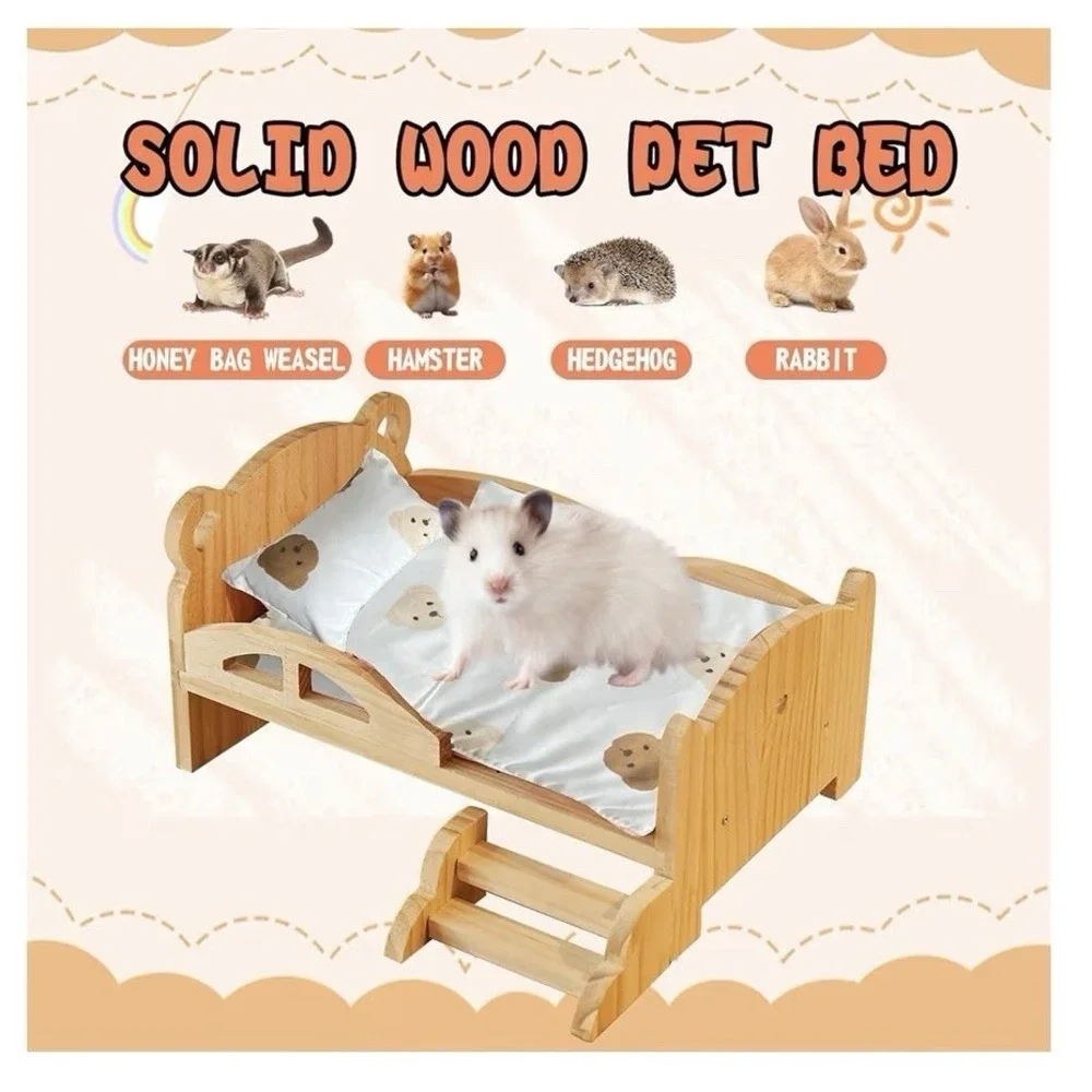 Solid Wood Hamster Bed With‎ Mini Staircase, Low Bed Frame For Small Animal